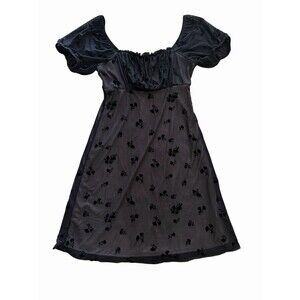 Rewind XS Black Sheer Mesh Floral Flocked Puff Sleeve OffShoulder Babydoll Dress